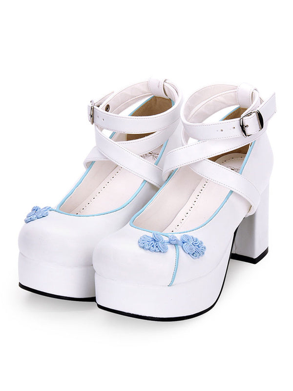 Chinese Style Lolita Shoes Embroidery Strappy Chunky High Heel Lolita Pumps