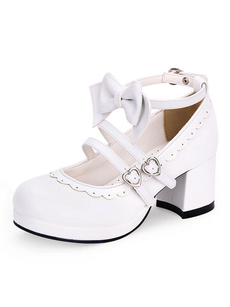 Sweet Lolita Footwear Bow Frill Strappy Chunky High Heel White Lolita Shoes