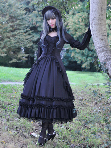 Gothic Lolita JSK Dress Lace Trim Ruffle Pleated Cotton Black Lolita Jumper Skirt