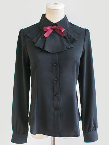 Classic Lolita Shirt Ruffle Bowknot Button Chiffon Black Lolita Blouse