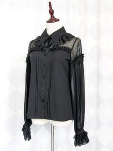 Classic Lolita Blouse Lace Trim Ruffle Illusion Chiffon Patch Black Lolita Shirt