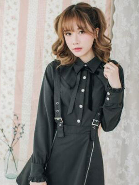 Classic Lolita Shirt Ruffle Bow Irregular Design Black Cotton Lolita Blouse