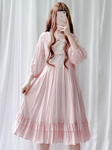 Classic Lolita OP Dress Ruffle Frill Pleated Cotton Pink Lolita One Piece Dress