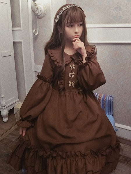 Classic Lolita OP Dress Hazelnut Latte Bow Ruffle Frill Lolita One Piece Dress