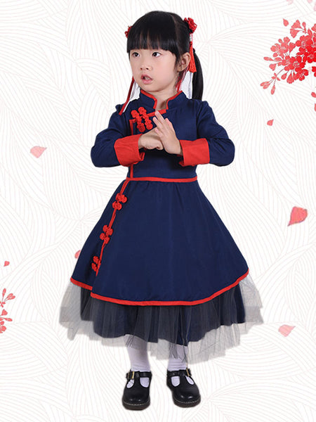 Chinese Style Lolita OP Dress Two Tone Piping Blue Lolita One Piece Dress For Kids