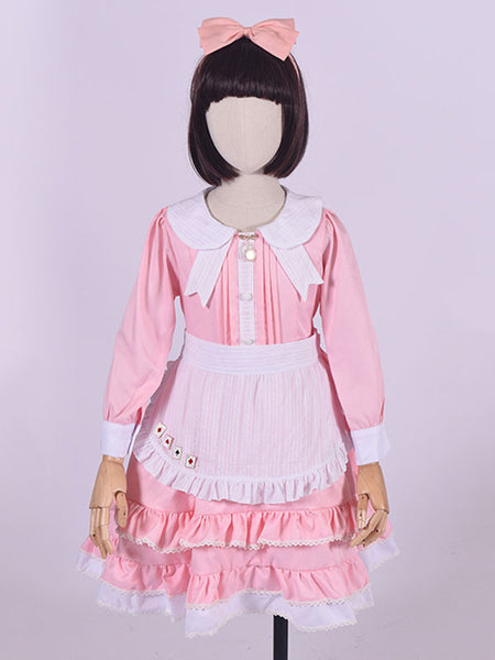 Maid Style Kid Lolita Outfit Ruffle Two Tone One Piece Dress With Apron And Headdress