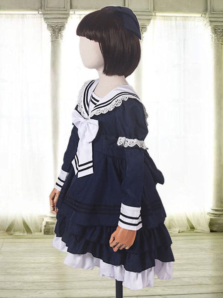 Sailor Style Lolita Outfit Children Ruffle Bow Lace One Piece Dress With Headdress And Arm Cover