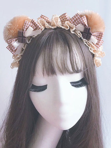 Sweet Lolita Hair Accessory Bear Ear Lace Ruffle Bow Khaki Lolita Hair Band