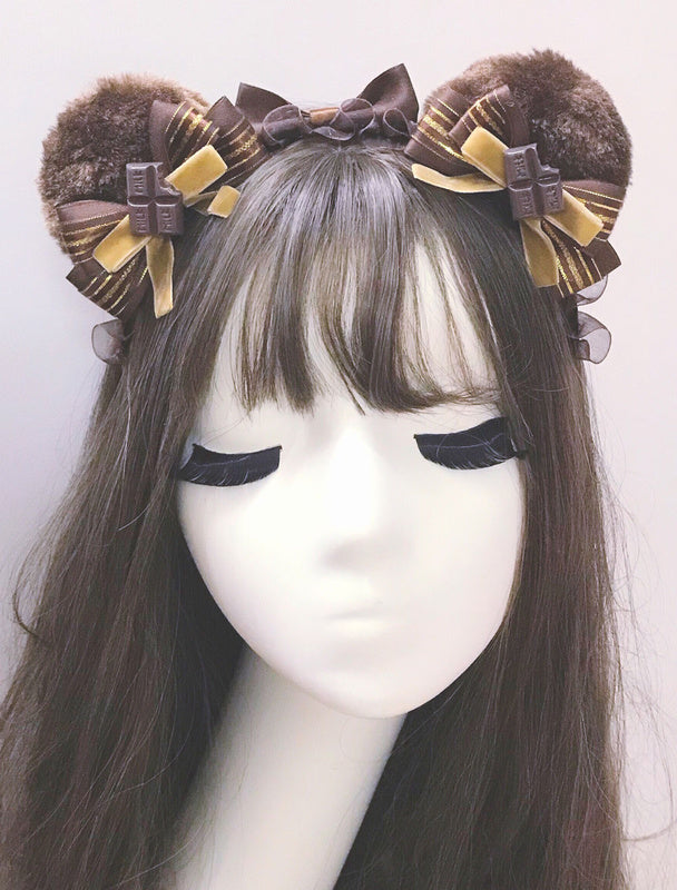 Sweet Lolita Hair Accessory Bear Ear Bow Brown Lolita Hair Clasp