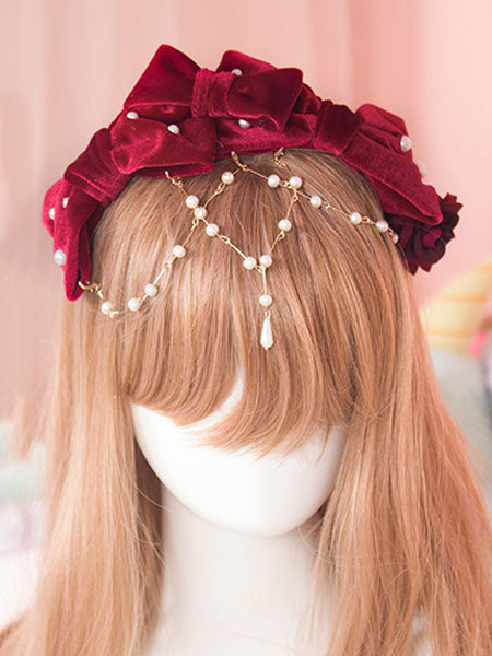 Sweet Lolita Head Band Velvet Knot Bow Pearl Burgundy Lolita Hair Accessory