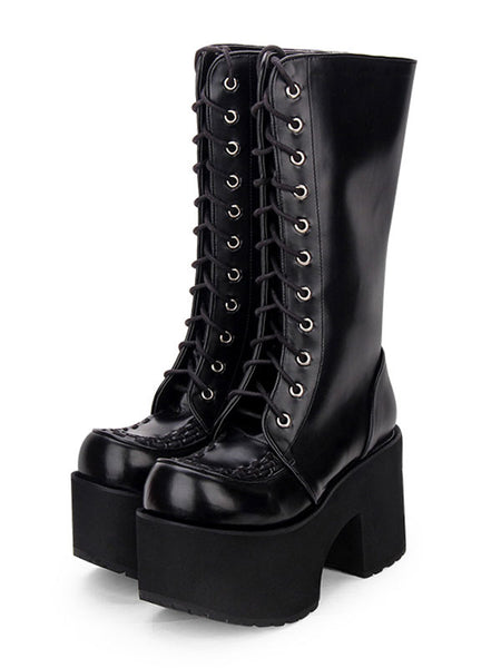 Gothic Lolita Boots Grommet Lace Up Zipper Platform High Heel Black Lolita Thigh High Boots