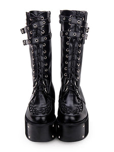 Gothic Lolita Boots Rivet Grommet Buckle Lace Up Zipper Platform Black Lolita Footwear