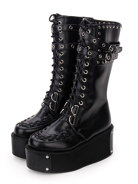 Gothic Lolita Boots Rivet Grommet Buckle Lace Up Zipper Platform Black Lolita Footwear