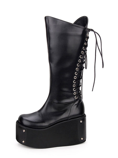 Gothic Lolita Boots Metallic Lace Up Zipper Platform Black Lolita Footwear