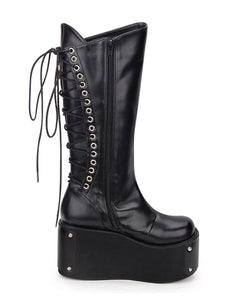 Gothic Lolita Boots Metallic Lace Up Zipper Platform Black Lolita Footwear