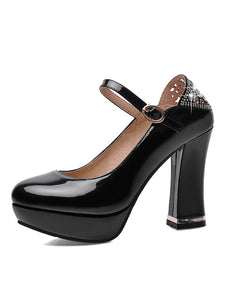 Classic Lolita Pump Rhinestone Cut Out Ankle Strap Patent PU Platform Chunky Heel Lolita Shoes