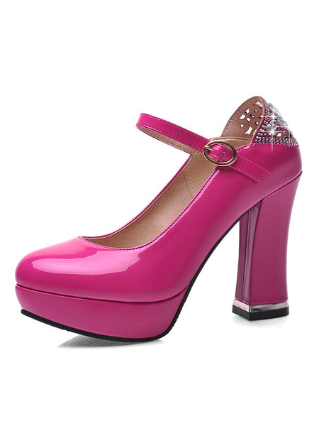 Classic Lolita Pump Rhinestone Cut Out Ankle Strap Patent PU Platform Chunky Heel Lolita Shoes