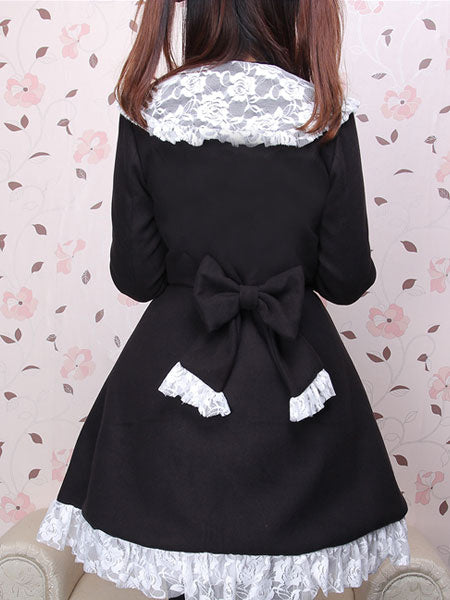 Classic Lolita Overcoat Lace Ruffle Bow Wool Black Lolita Winter Coat