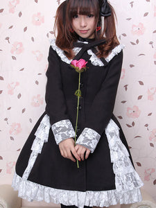 Classic Lolita Overcoat Lace Ruffle Bow Wool Black Lolita Winter Coat