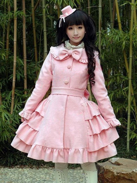 Sweet Lolita Wool Coat Bow Layered Ruffle Pink Lolita Winter Overcoat