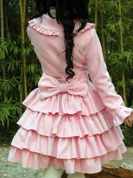Sweet Lolita Wool Coat Bow Layered Ruffle Pink Lolita Winter Overcoat