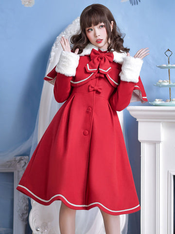 Sweet Lolita Overcoat Bow Pleated Wool Lolita Winter Coat With Cape