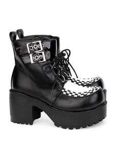 Punk Lolita Boots Metallic Buckle Lace Up PU Platform Checkered Black Lolita Booties