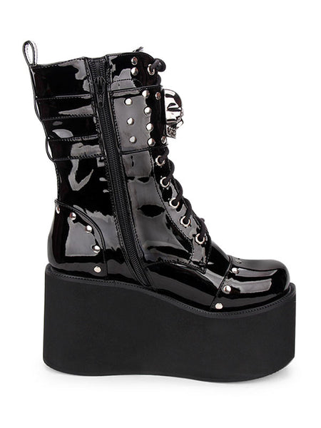 Gothic Lolita Boots Metallic Buckle Rivet Lace Up Zipper Platform Black Lolita Footwear