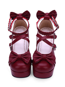 Sweet Lolita Shoes Bow Strappy Platform Chunky Heel PU Burgundy Lolita Footwear