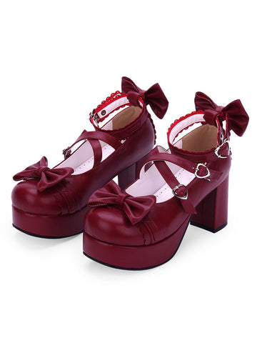 Sweet Lolita Shoes Bow Strappy Platform Chunky Heel PU Burgundy Lolita Footwear