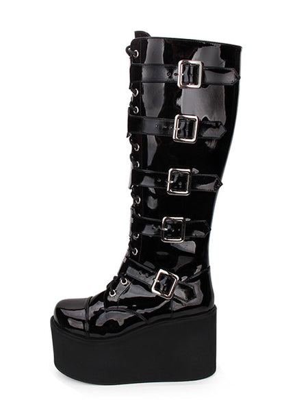Gothic Lolita Boots Metallic Buckle Zipper Grommet Lace Up Platform Black Lolita Footwear