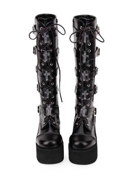 Gothic Lolita Boots Metallic Buckle Zipper Grommet Lace Up Platform Black Lolita Footwear