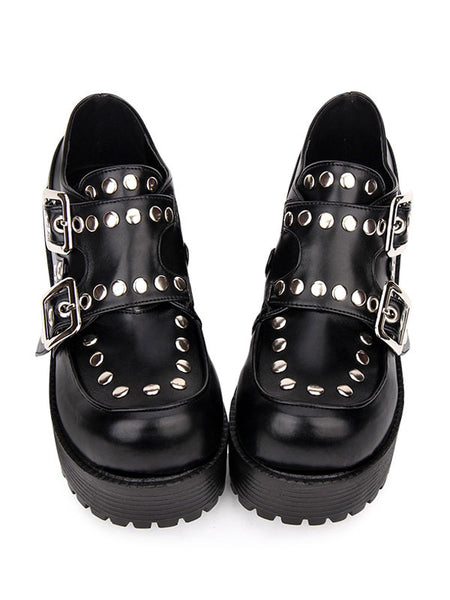 Punk Lolita Footwear Rivet Buckle Chunky Heel Platform Black Lolita Shoes