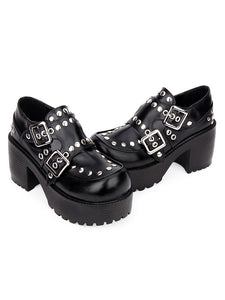Punk Lolita Footwear Rivet Buckle Chunky Heel Platform Black Lolita Shoes