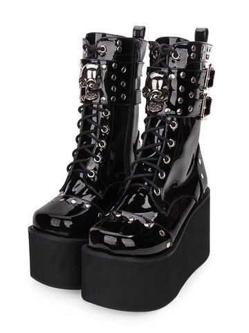 Gothic Lolita Boots Metallic Buckle Rivet Lace Up Zipper Platform Black Lolita Footwear