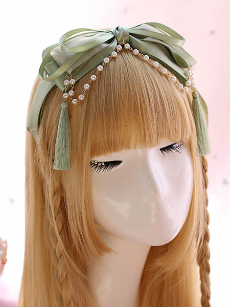 Sweet Lolita Headdress Pearl Tassel Bow Satin Light Green Lolita Hair Band