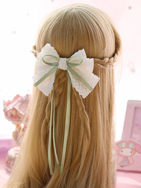 Sweet Lolita Hair Clip Lace Bow Two Tone Green Lolita Hair Accessory