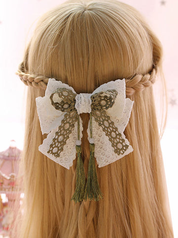 Sweet Lolita Hairclip Lace Tassel Bow Green Lolita Hair Accessory