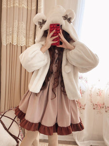 Sweet Lolita Overcoat Milk Coffee Bear Bow Hooded Faux Fur Lolita Coat