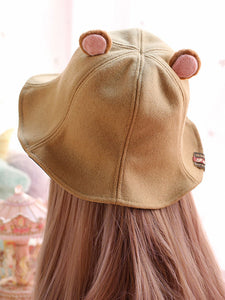 Sweet Lolita Bucket Hat Bear Ear Felt Camel Lolita Cap