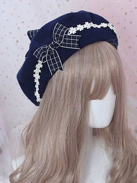 Sweet Lolita Beret Daisy Floral Bow Wool Lolita Hat
