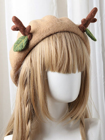 Sweet Lolita Beret Reindeer Leaf Tan Wool Lolita Hat