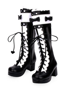 Classic Lolita Boots Lace Up Bow Two Tone Chunky Heel Black Lolita Knee High Boots