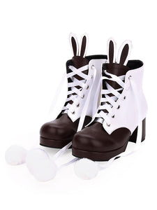 Classic Lolita Boots Bunny Ear Pom Pom Two Tone Chunky High Heel Lolita Shoes