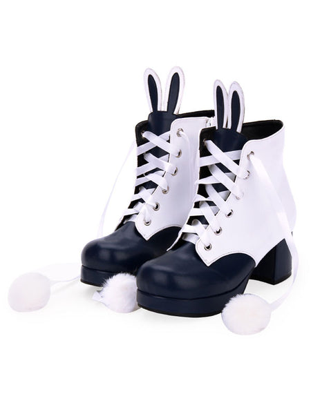 Classic Lolita Boots Bunny Ear Pom Pom Two Tone Chunky High Heel Lolita Shoes