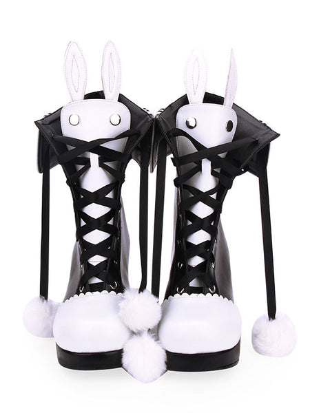 Classic Lolita Boots Pom Pom Bunny Ear Two Tone Chunky Heel PU Lolita Shoes