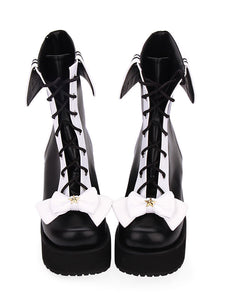 Classic Lolita Boots Lace Up Bow Two Tone Platform Black Lolita Shoes