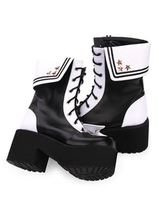 Classic Lolita Boots Lace Up Bow Two Tone Platform Black Lolita Shoes