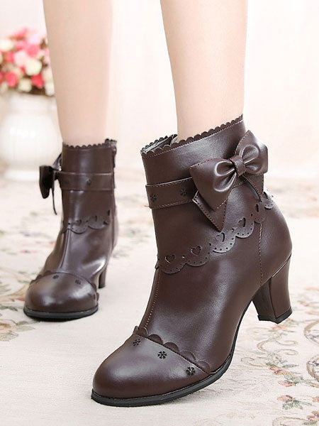Classic Lolita Boots Bow Cut Out Chunky Heel Lolita Shoes