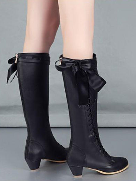 Classic Lolita Boots Bow Lace Up Two Tone PU Puppy Heel Lolita Shoes